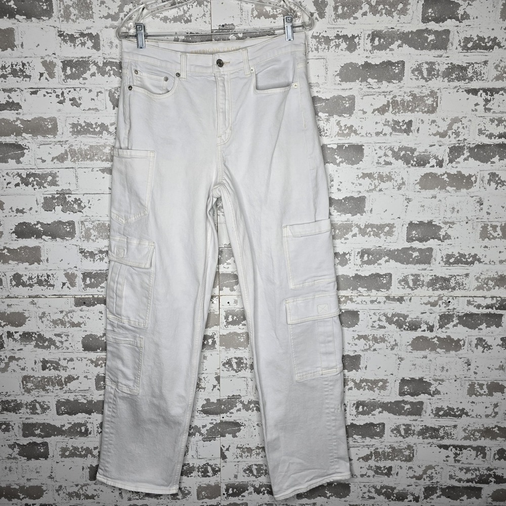 American Eagle Jeans Womens 10 Long Super High Rise Baggy Straight Cargo White